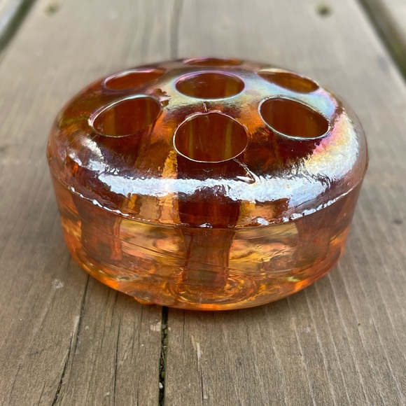 Vintage Iridescent Marigold Carnival Glass Flower Frog Floral Arranger - Picture 5 of 14